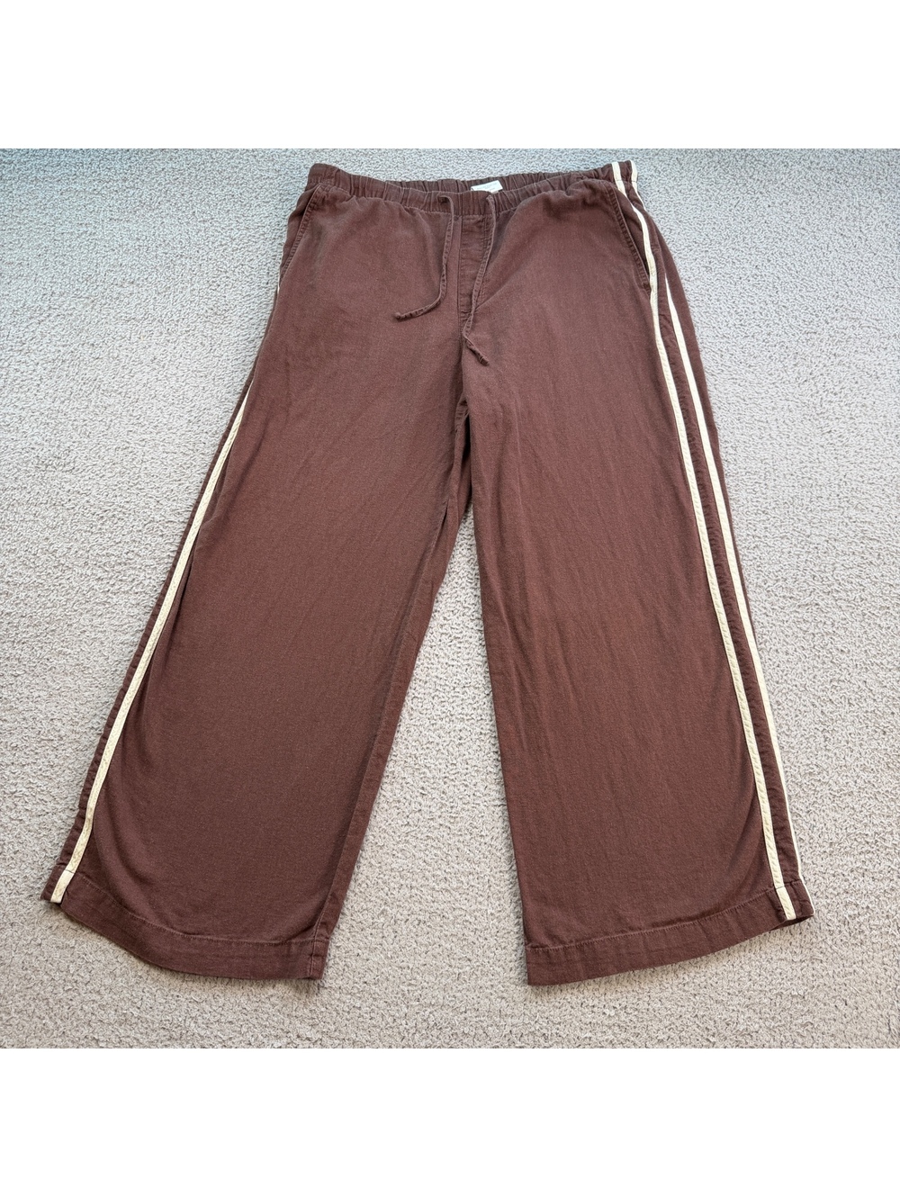 Gap Linen Blend Brown Wide Leg Pull On Pants Size L Cream Side Stripe
